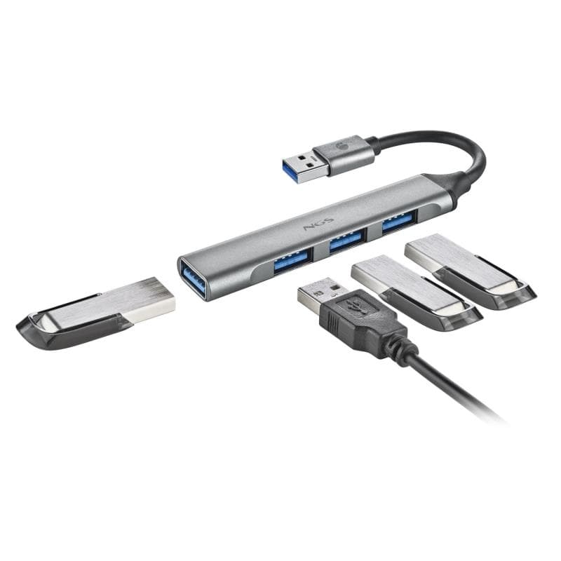 Hub USB NGS iHub4 Micro com 4 Portas — 1 USB 3.2 Gen 1 e 3 USB 2.0, até 5 Gbps – Prateado