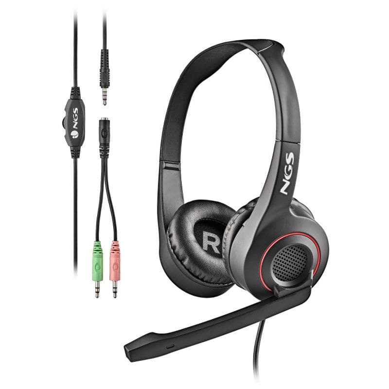 Auscultadores NGS MSX10 Pro com Microfone Ajustável, Controlo de Volume e Adaptador Duplo Jack 3,5 mm – Preto