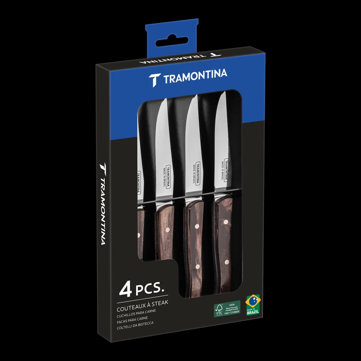 Conjunto de facas para bife Tramontina Polywood, cor castanho-avermelhado, lâmina lisa, 4 peças